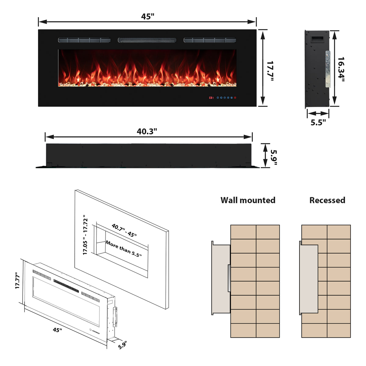 45 inch Recessed&Wall-Mounted Electric Fireplace with Multi-Color Flame,Log&Crystal
