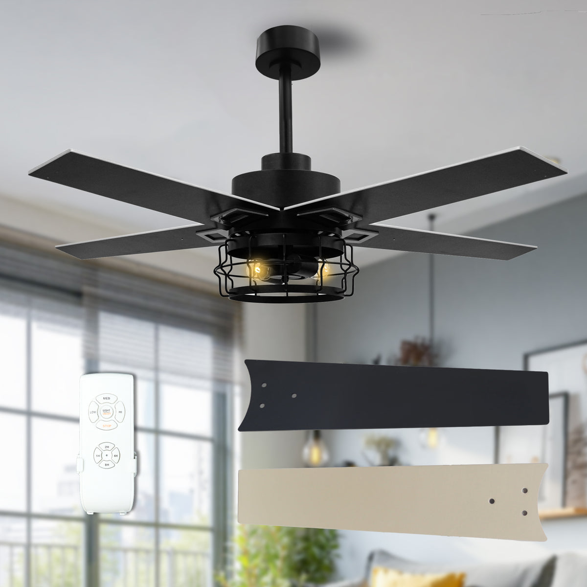 52 Inch Ceiling Fans with Lights and Remote, Reversible,  Noiseless, 3 Wind Speeds, Timer-CF