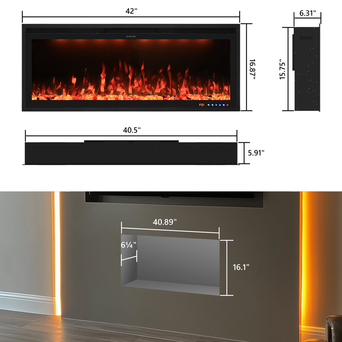 Wall Mounted & Recessed Electric Fireplace with Adjustable Flame & Light, App & Voice Control, Remote Control